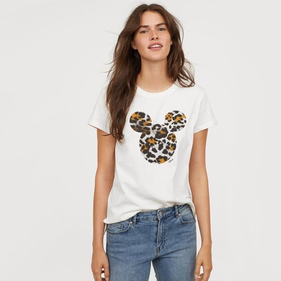 EUC H&M x Disney white & animal print Mickey Mouse graphic motif t-shirt, L - Picture 1 of 5